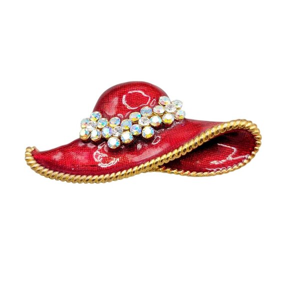Red Floppy Hat Brooch Pendant Combo Enamel Rhinestones Gold Braid Trim - Picture 2 of 6